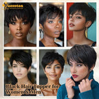QUEENTAS Black Short Hair Toppers for Women with Thinning Hair 360°3D Cover with 5 Clips Hair Pieces Wispy Bangs 6"*6" Large Coverage Men's Toupee(Black/1B)