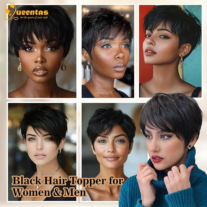 QUEENTAS Black Short Hair Toppers for Women with Thinning Hair 360°3D Cover with 5 Clips Hair Pieces Wispy Bangs 6"*6" Large Coverage Men's Toupee(Black/1B)