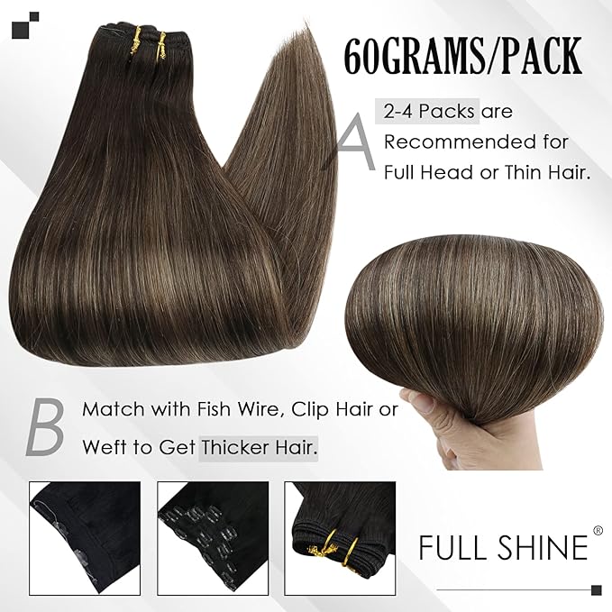 Full Shine Dark Brown Clip in Hair Extensions Ombre Human Hair Extension Brown Balayage 18 Inch Straight Lace Hair Extensions Real Human Hair Invisible Clip ins 3 Pcs 60 G
