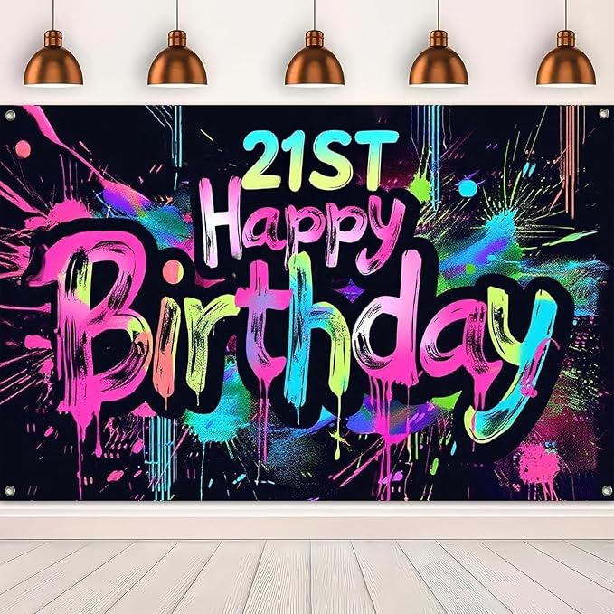 HOMETITUTE Neon 21st Happy Birthday Banner 71x43 Inch Paint Splatter Glow in - Image 5