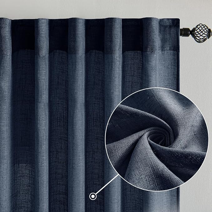 MIULEE Navy Blue Linen Curtains 52x63 Inch 2 Panels - Image 2