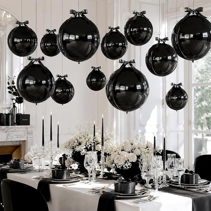 Black Round Foil Balloons with Satin Bows Ribbon - Image 4