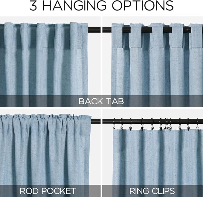 Blue Linen Curtains for Living Room 2 Panels Set Extra Long Back Tab Light - Image 3