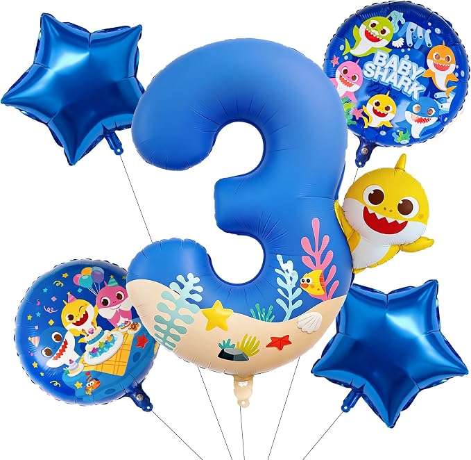 PartyWoo Baby Shark Blue Foil Round Star Mylar Number 3 Balloons 5pcs | Balloons by PartyWoo