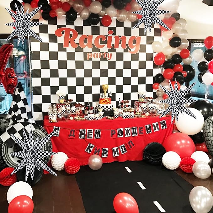 TONIFUL 4 Pcs Checkered Explosion Star Balloons Race Car Themed Party Decor | - Image 6