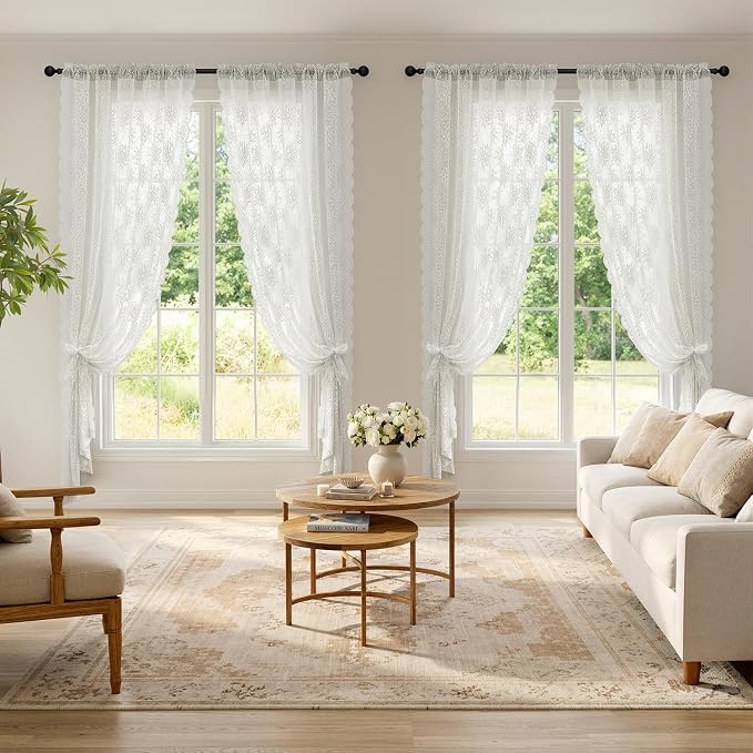 MIULEE Vintage Floral Scalloped Lace Curtains 2 Panels, Semi Sheer Curtains - Image 2