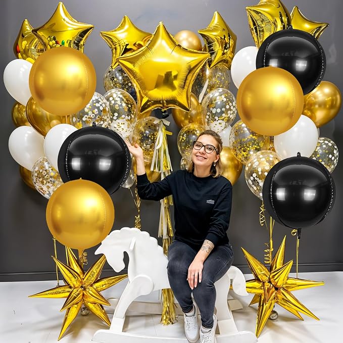 6Pcs Black Gold Round Foil Balloons, Giant 4D Round Ball Balloons, 22 Inch - Image 6