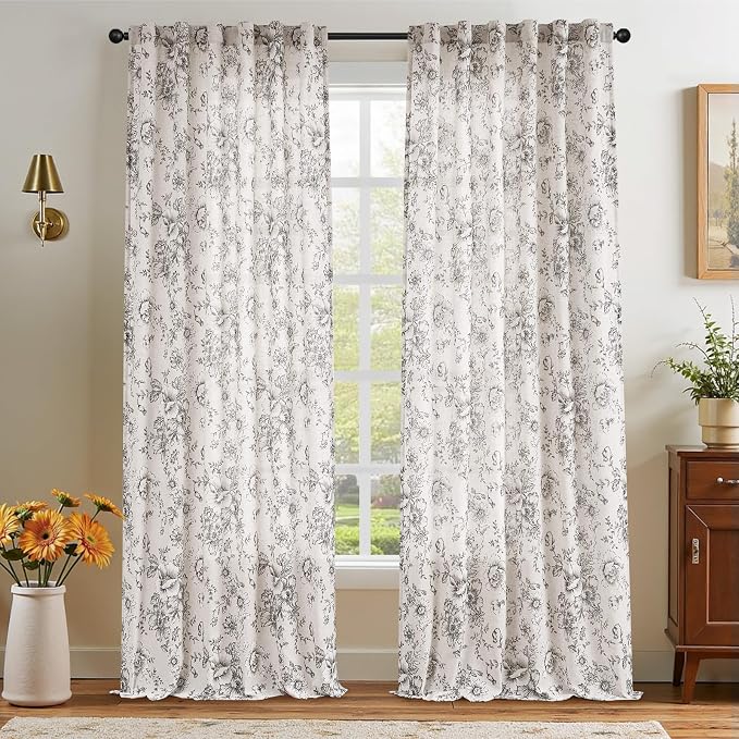 jinchan Black Floral Linen Curtains 108 Inch Farmhouse Back Tab 2 Panels | - Image 7
