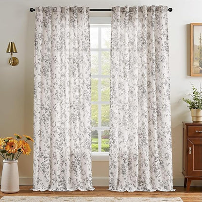 jinchan Black Floral Linen Curtains 108 Inch Farmhouse Back Tab 2 Panels | - Image 7