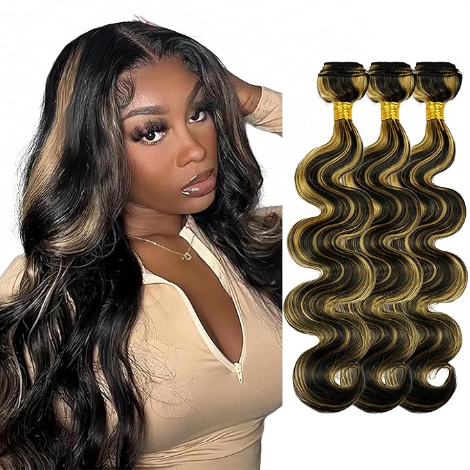 Highlight Bundles Human Hair Blonde Body Wave Bundle Niegmeag Virgin Remy Hair 3 Bundles 20 22 24 Inch 2 Tone Black and Honey Blonde Bundle P1b27 Color