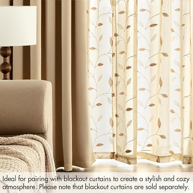 MIULEE Beige Sheer Curtains 2 Panels Embroidered Leaf Patterned, W52 x L84 | - Image 7