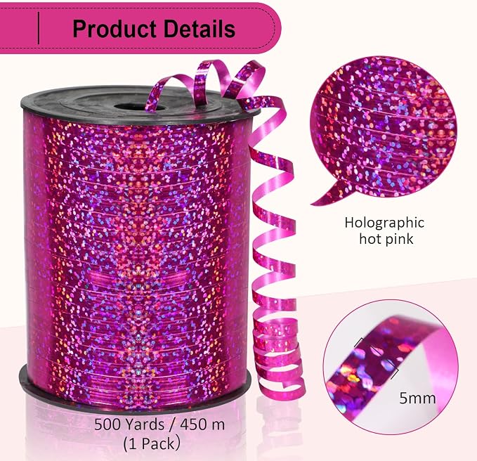 Pink Ribbon, 500 Yard Hot Pink Curling Ribbon, Rose Red Ribbon, Shiny Metallic - Image 5