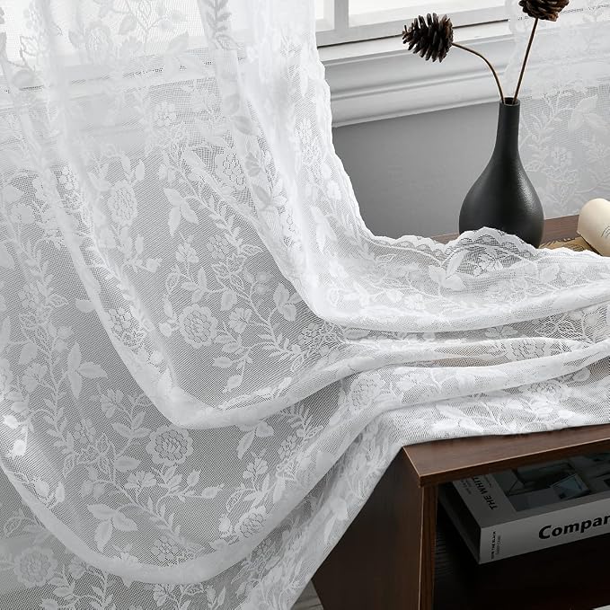 FINECITY White Sheer Lace Curtains Rustic Leaf Floral W52xL45 Inch 2 Panels | by FINECITY