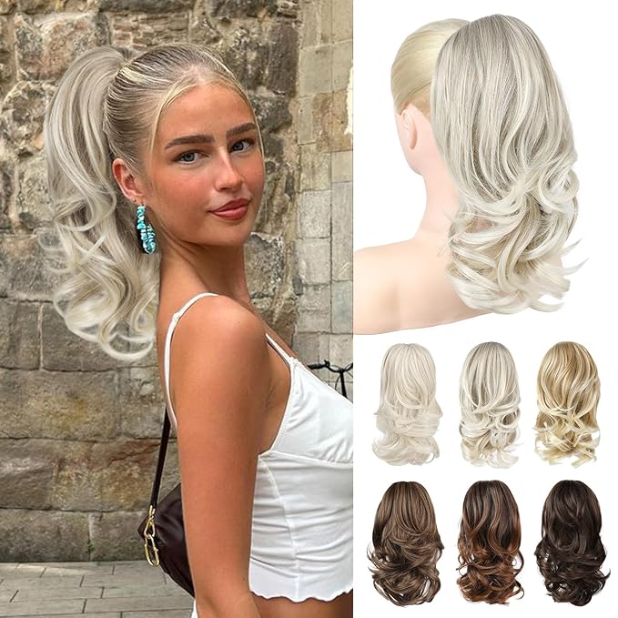 Ponytail Extension - 14" Claw Clip in Ponytail Hair Extensions Natural Soft Synthetic Layered Wavy Pony Tail Hair Pieces for Women - Ash Brown with White Ends