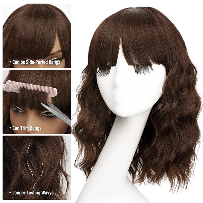 Nnzes Short Wavy Bob Wig with Bangs for Women Shoulder Length Curly Brown Chocolate Synthetic Heat-Resistant Fiber Hair for Daily & Party Use