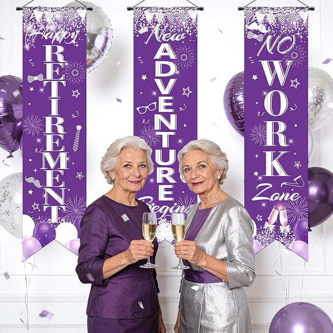 3Pcs Retirement Porch Sign Banner Purple Silver Happy Retirement Door Hanging - Image 5