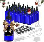 Nevlers Cobalt Blue Glass Bottle with Dropper 4 oz 24 Pack | Leakproof Glass Dropper Bottle Set w/Shrink Wrap, Funnel, Brush, Marker & Labels | Tincture Bottles with Droppers for Oils Serums Medicine