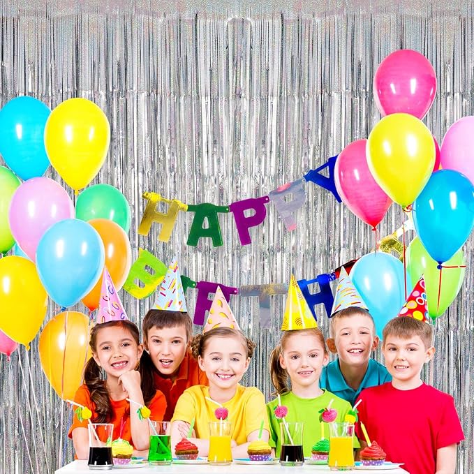Silver Tinsel Foil Fringe Curtain Backdrop, 3.3 x 8.2 ft Metallic Glitter - Image 2