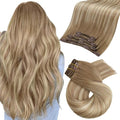 Moresoo Clip in Human Hair Extensions Blonde Balayage Remy Double Weft Human Hair Extensions Clip ins Ombre Light Brown with Golden Blonde 5pcs 80g 16inch