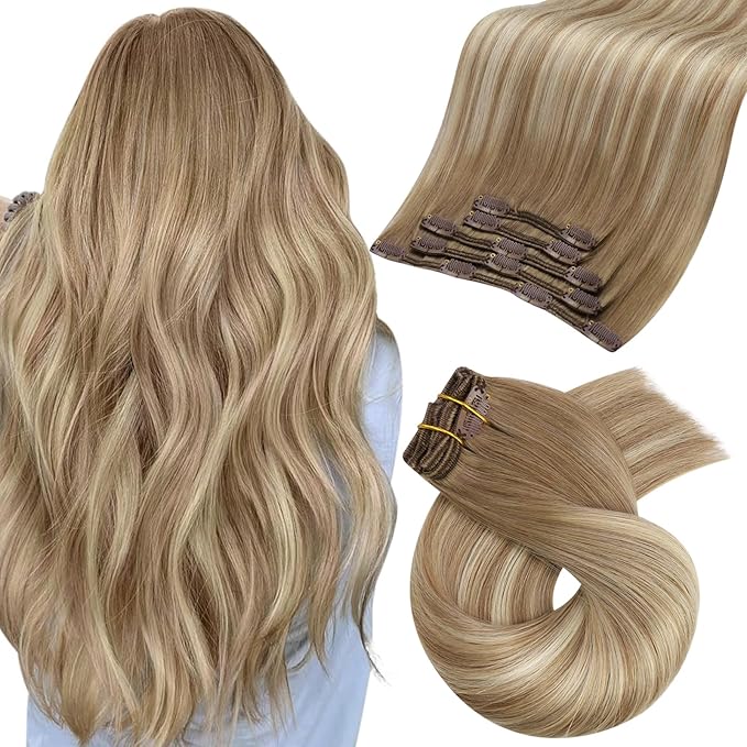 Moresoo Clip in Human Hair Extensions Blonde Balayage Remy Double Weft Human Hair Extensions Clip ins Ombre Light Brown with Golden Blonde 5pcs 80g 16inch
