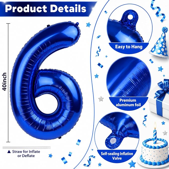 Navy Blue Number Balloons 6, 40inch Large Dark Royal Blue Digital 6 Foil Mylar - Image 2