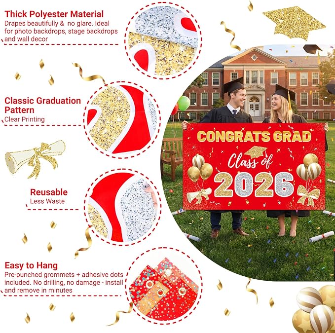STARSIDE 2026 Graduation Backdrop 70.8x43.3 Inch Red Gold | Congrats Grad - Image 3