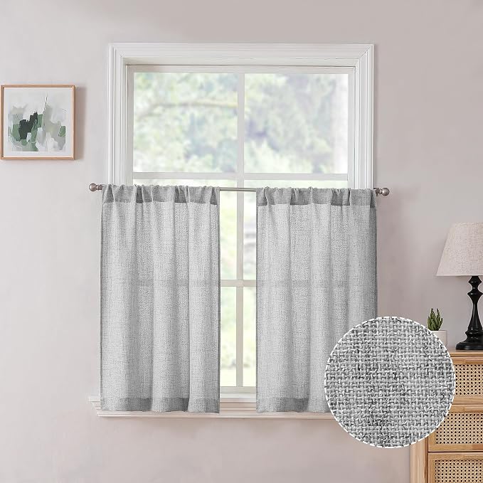 Tollpiz Short Linen Tier Curtains Rod Pocket Semi Sheer Half Kitchen Curtain by Tollpiz