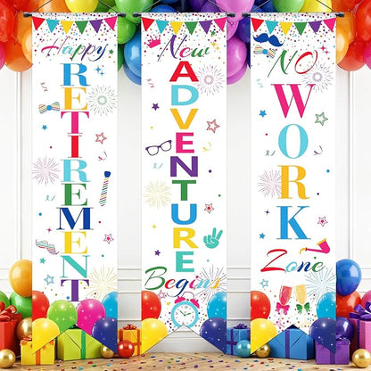 3Pcs Retirement Porch Sign Door Hanging Banner Colorful White Happy Retirement by TagreSpike