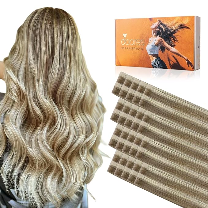 DOORES Invisi Edge Human Hair Tape in Extensions, Light Brown Highlighted Medium Blonde 10 Injection Tape-ins with 10 Injection Tape-ins 50g 24 Inch, Injected Tape in Virgin Human Hair