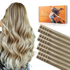 DOORES Invisi Edge Tape in Hair Extensions, Light Brown Highlighted Medium Blonde 10 Injection Tapeins with 10 Injection Tape-ins 50g 16 Inch, Injected Tape in Virgin Human Hair