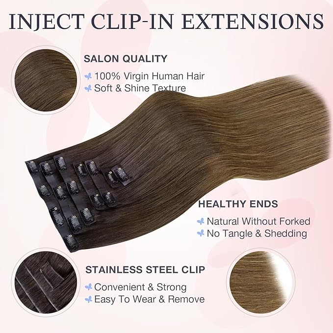DOORES Invisible Clip in Hair Extensions 22 Inch 110g 7pcs, Real Human Hair Invisi Edge Virgin Clip ins Extensions Straight Thickening, 1D/2C/4E Natural Black to Dark Brown and Chocolate Brown