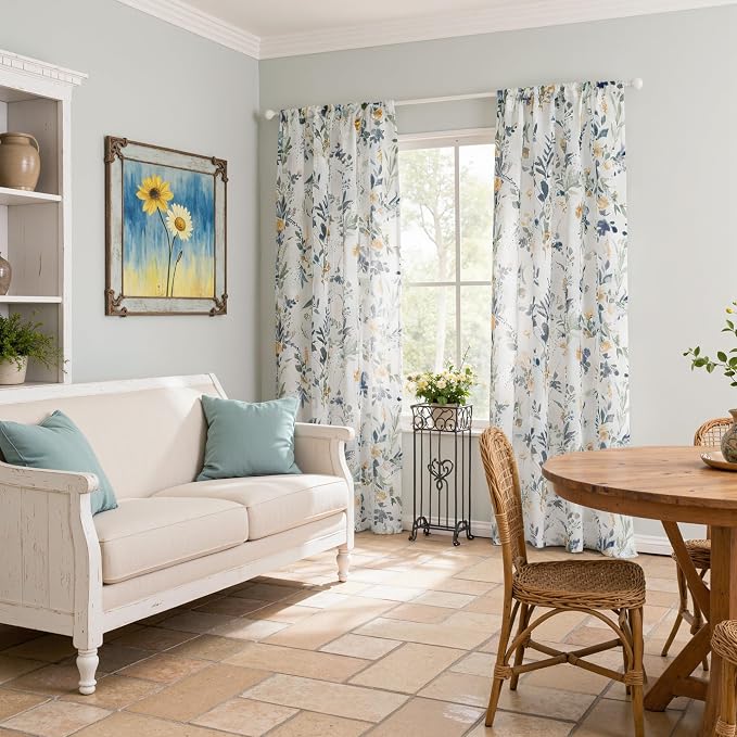 MYSKY HOME Yellow and Blue Sheer Floral Curtains 108 Inch Length 2 Panels | - Image 9