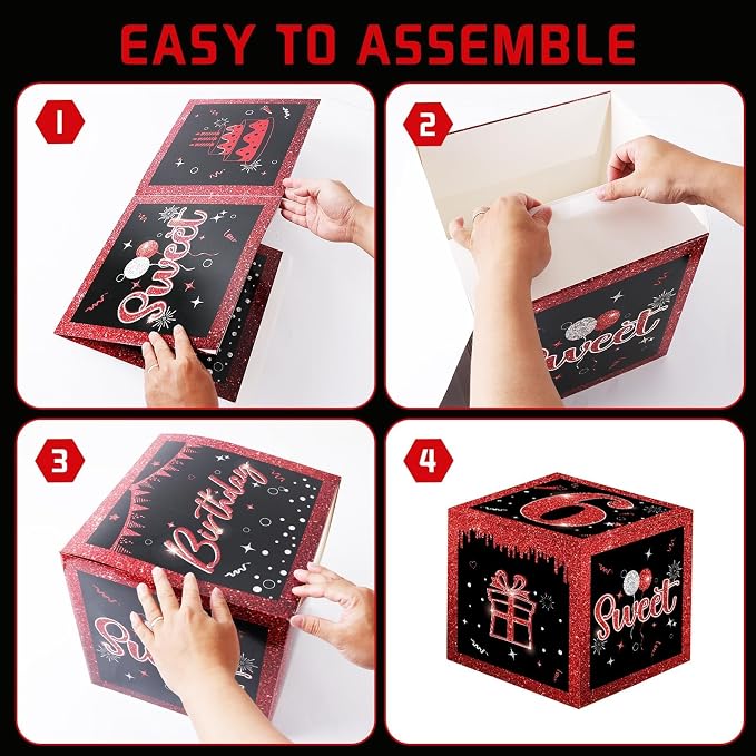 3 Pcs Happy 16th Birthday Decorations Red Black Balloon Box - Image 3