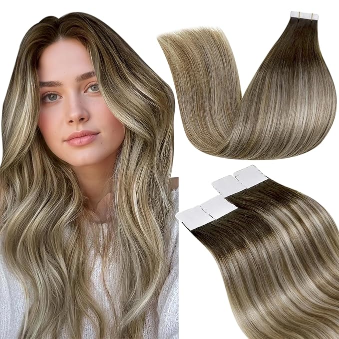 LaaVoo Tape in Human Hair Extensions Ombre Hair Extensions Tape in Balayage Dark Brown to Blonde Tape on Hair Extension Silky Straight Hair 18inch 20pcs 50g