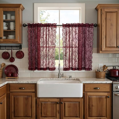 FINECITY Short Burgundy Sheer Curtains Leaf Floral W42 x L36 Inch, 2 Panels | by FINECITY
