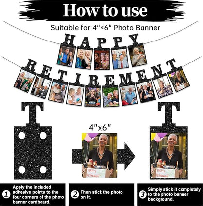 Black Pre-Strung Happy Retirement Photo Banner Party Decorations | Glitter - Image 3