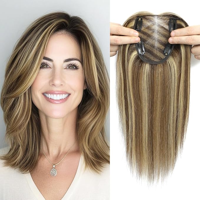 Hair Toppers for Women 12inch Hairpieces with 4x4.8 inch Large Swiss Base Hair Toppers for Hairloss(Medium Brown with Highlight)