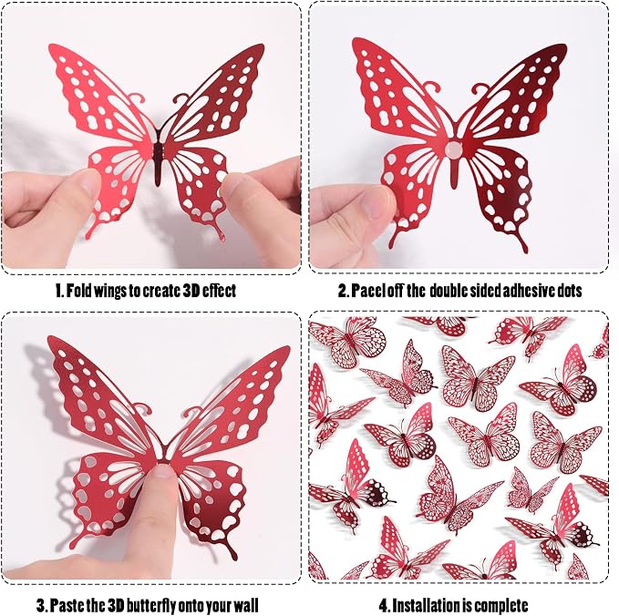 SAOROPEB 3D Butterfly Wall Decor 48 Pcs Blood Red Butterfly Decorations | 4 - Image 6