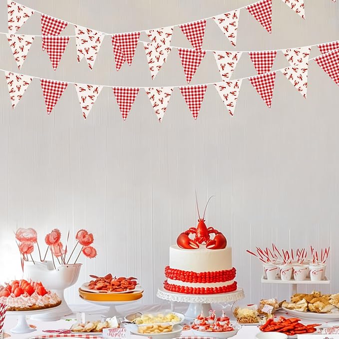 32Ft Crawfish Party Decorations Red Buffalo Plaid Crawfish Pennant Banner - Image 3