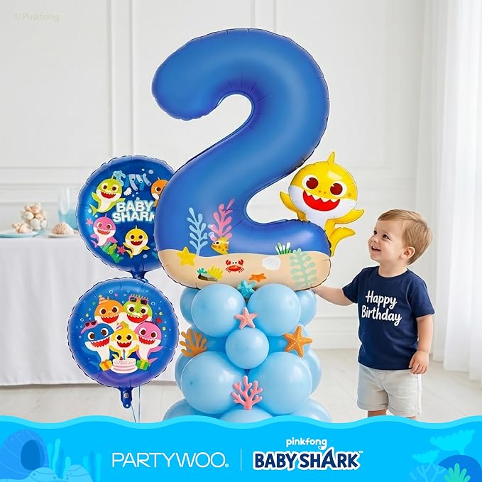 PartyWoo Baby Shark Blue Foil Round Star Mylar Number 2 Balloons 5pcs | Balloons - Image 4