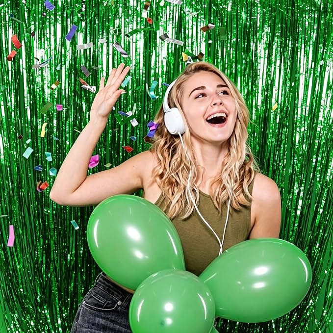 2 Pack Foil Curtain Backdrop Green Metallic Tinsel Foil Fringe Curtains Photo - Image 5