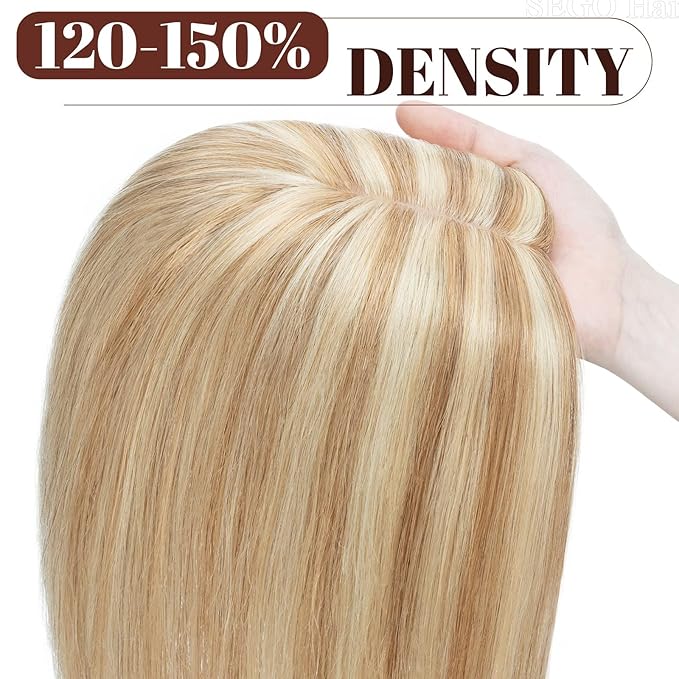 SEGO Real Human Hair Topper for Women No Bangs, Hair Topper with Anti-Slip Clips (16 Inches Golden Brown Mix Bleach Blonde)
