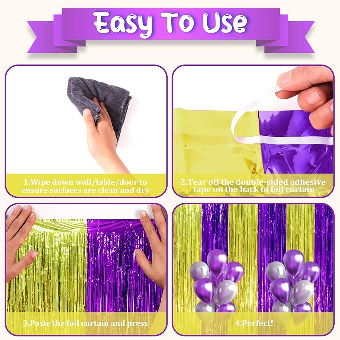 Voircoloria Purple Gold Foil Fringe Backdrop Curtains, 2 Pack | Tinsel Streamers - Image 4