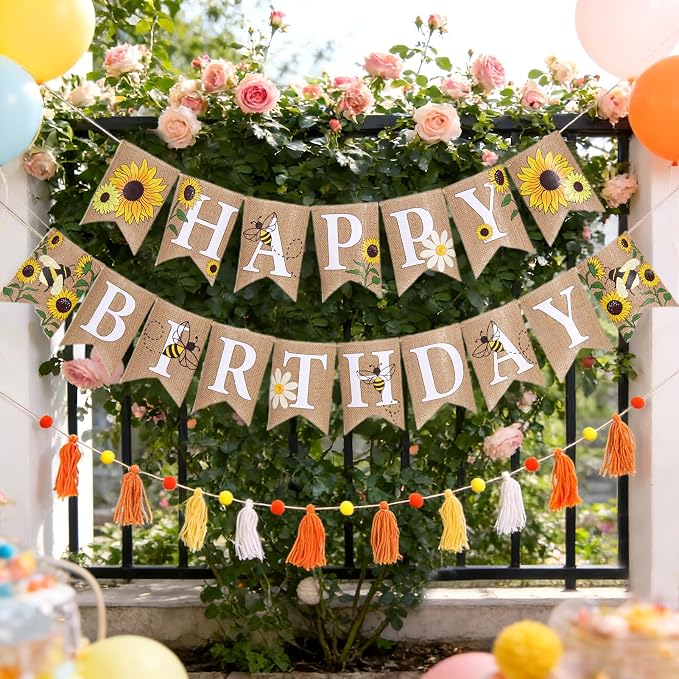 Burlap Sunflower Birthday Banners, Pre-strung Sunflower and Bee Themed Party by OBBOLO