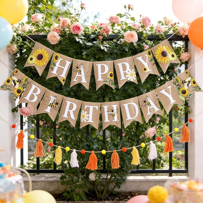 Burlap Sunflower Birthday Banners, Pre-strung Sunflower and Bee Themed Party by OBBOLO