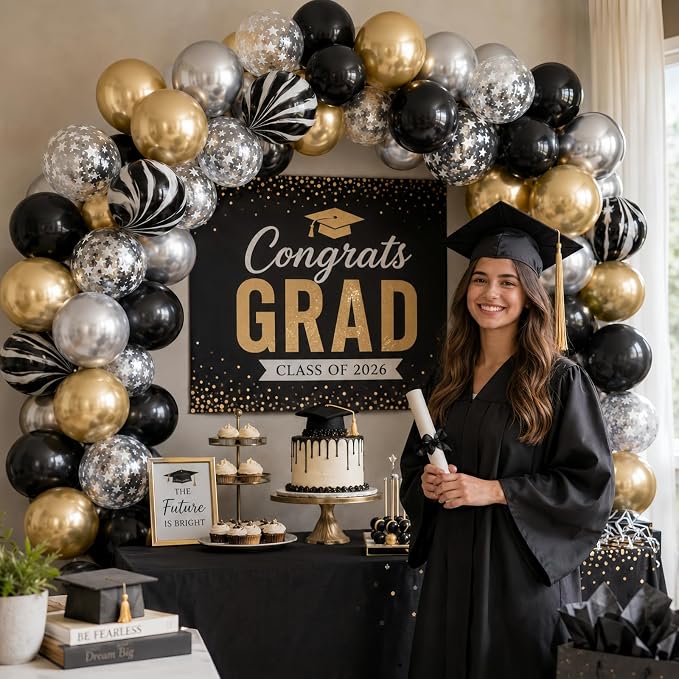 Black Gold Silver Balloon Set, 12 Inch Marble Black and Metallic Chrome Gold - Image 3
