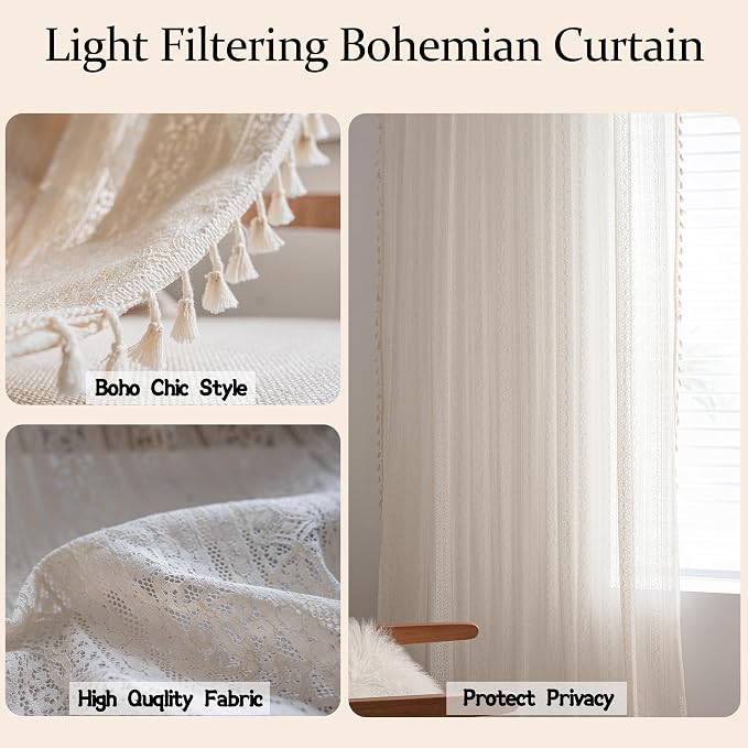 Sutuo Home Boho Curtain Crochet Lace Semi-Sheer Florals Hollow Knitted Handmade - Image 2
