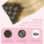 PINKPEARL Clip in Hair Extensions Real Human Hair, Remy Human Hair Extensions Clip ins, 14inch 120g 7Pcs, #4/27/60 Balayage Chocolate Brown to Caramel Blonde and Platinum Blonde(#4/27/60-14)