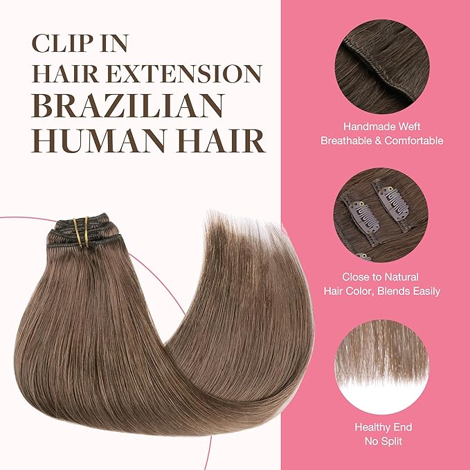 GOO GOO Clip in Hair Extensions Real Human Hair, Remy Human Hair Extensions Clip ins for Women, Natural Human Hair, 24inch 150g 9Pcs, #5 Light Ash Brown