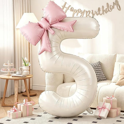 40 Inch Beige Number 5 with Pink Bow Balloons, Giant Self Inflating Cream Foil by KYGNE